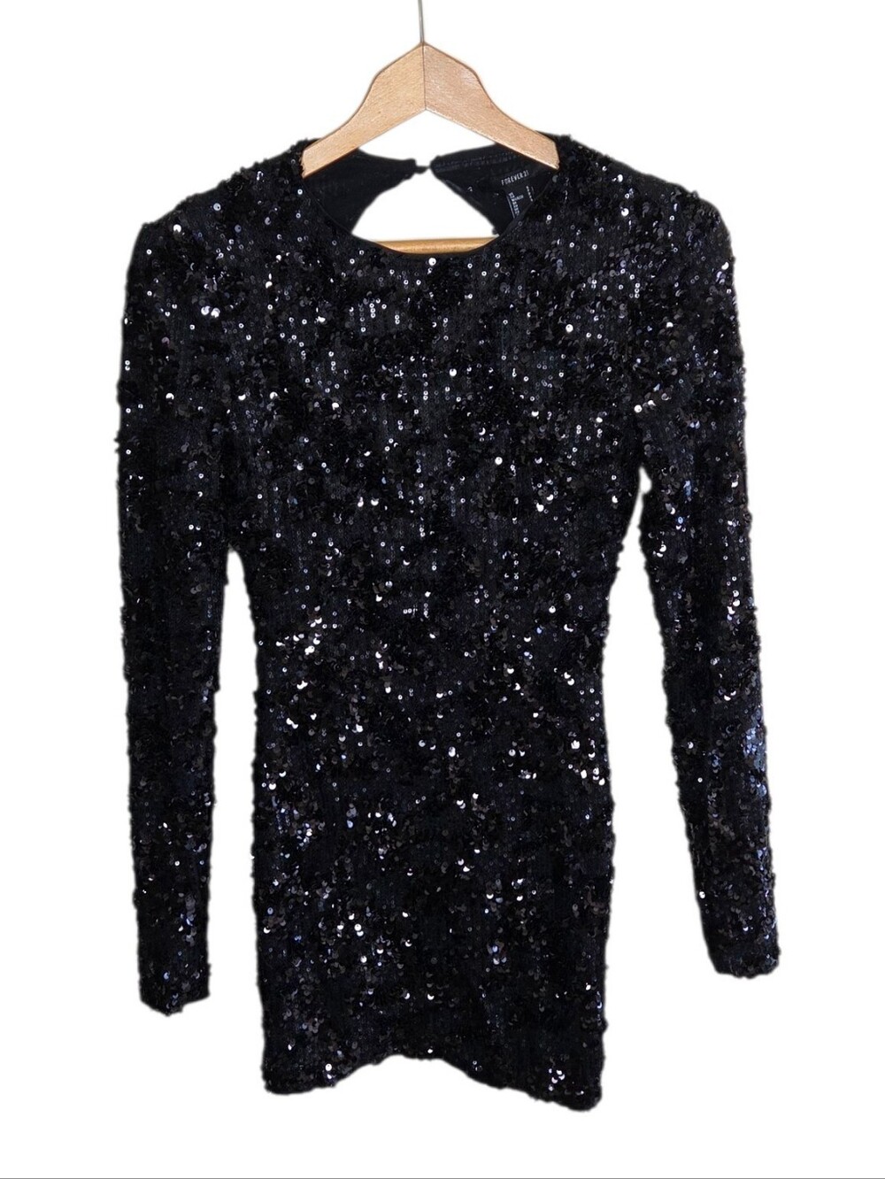 Forever 21 Black Sequin Long Sleeve Mini Dress Open Back Holiday Party Small NEW